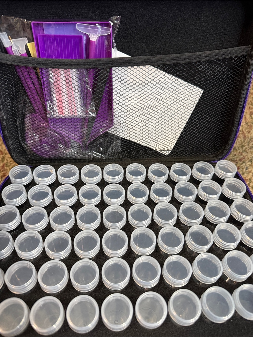 Purple Storage Case with 120 Clear Plastic Jars - and tool kit